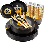 KIRE 25 Guest Halloween Plates Black Gold Plastic Plates Smiley Pumpkin include 50PCS Black &150PCS Gold Plastic Silverware&25PCS Clear Black Cups for Halloween Party by KIRE