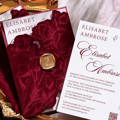 Burgundy Velvet Wedding Invitations, Elegant Flower Laser Cut Invitation with QR Code, Luxury Gold Wax Seals, Customizable Tri Fold Invitations Card (25pcs Blank Invitation) - Image 4