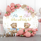 Polyester Diameter 7.5ft Round Gender Reveal Backdrop Boho Bear Pampas Grass Floral Background for Photography He Or She What Will Baby Be Mommy Pregnancy Party Photo Booth Props - Image 3