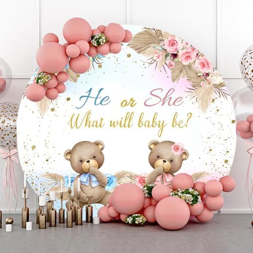 Polyester Diameter 7ft Round Gender Reveal Backdrop Boho Bear Pampas Grass Floral Background for Photography He Or She What Will Baby Be Mommy Pregnancy Party Photo Booth Props - Image 3