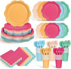 350 Pcs Colorful Party Plates and Napkins Party Supplies Serves 50 Guests Include Candy Colors Scalloped Plate Napkin Cup & Cutlery for Baby Shower, Wedding, Birthday, Bridal Shower by Unknown
