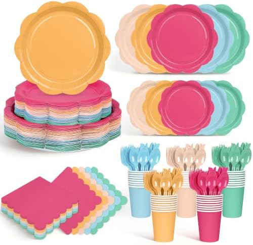 350 Pcs Colorful Party Plates and Napkins Party Supplies Serves 50 Guests Include Candy Colors Scalloped Plate Napkin Cup & Cutlery for Baby Shower, Wedding, Birthday, Bridal Shower by Unknown