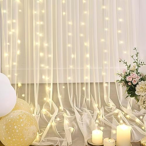 Champagne Sheer Backdrop Curtain with Lights String for Parites Wedding 20×10ft Tulle Backdrop Curtains for Bridal Shower Baby Shower Birthday Party Photo Shoot Decorations(4 Panels 5ft×10ft) - Image 5