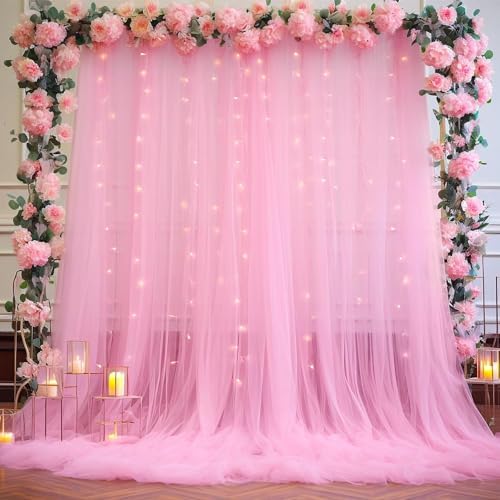 10ft x 12ft Pink Tulle Backdrop Curtain for Baby Shower Party Sheer Fabric Backdrop Curtains for Girls Birthday Gender Reveal Back Drop Wedding Photo Backdrop Drapes Background 2 Panels 5ft x 12ft - Image 5