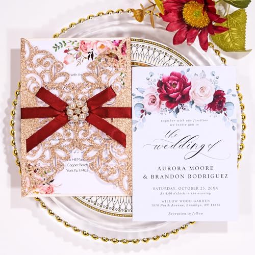 25 PCS Rose Gold Glitter Laser Cut Wedding Invitations - Image 5