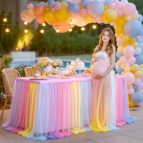 2 Pack Rainbow Tablecloth for 6 Foot Rectangle Tables Tulle Table Skirt - Image 3