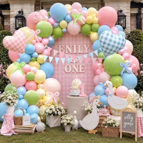 Pastel Balloon Arch Kit Double Stuffed Light Pink Blue Yellow Green Balloon Garland Gingham Heart Foil Balloons for Birthday Baby Shower Gender Reveal Wildflower Tea Party Decorations by Aurovia