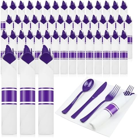 100 Pack Pre Rolled Purple Plastic Silverware with Napkins by PYNTOP