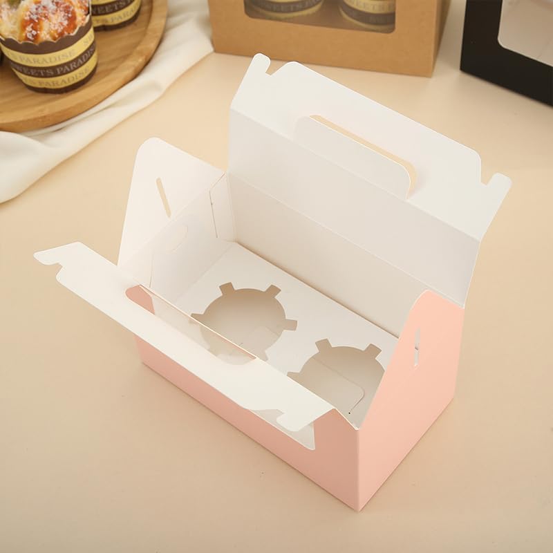 100Pcs 16.5×9.5×9cm/6.49×3.74×3.54 inch Kraft Paper Cupcake Packing Box Christmas Gift Box with Clear Window 2 Cavity Muffin Cupcake Wedding Party Birthday Favors (100Pcs Pink) - Image 5