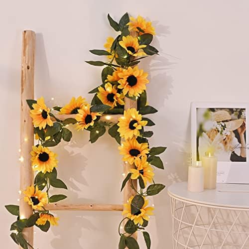 4 Pack Artificial Sunflower Garland Decor with Lights, Sunflower Vines Hanging Flowers Garland with Green Leaves, Fake Yellow Flower Vines Room Wedding Party Decoration(4 Pack) - Image 5