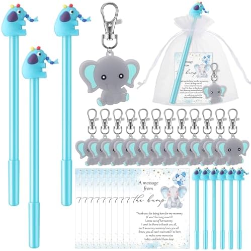 Engrowtic 50 Sets Baby Shower Favors for Guests Gifts Includes 50 Blue Elephant Keychain 50 Thank You Cards 50 Elephant Pens 50 Organza Bags Party Favor Gift Bags for Birthday Gender Reveal Party by Engrowtic