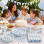 400 Pcs Pcs Blue Gingham Paper Plates and Napkins Set for 50, 9" Dinner Plates & 7" Dessert Plate, Baby Boy Shower Birthday Party - Image 3