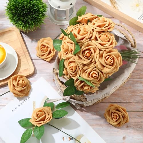 100 Pcs Artificial Foam Rose Flower Faux Bouquet Wedding Fake Rose Gift for Mother's Day Women DIY Bridal Shower Party Table Birthday Home Spring Decor (Gold) - Image 4