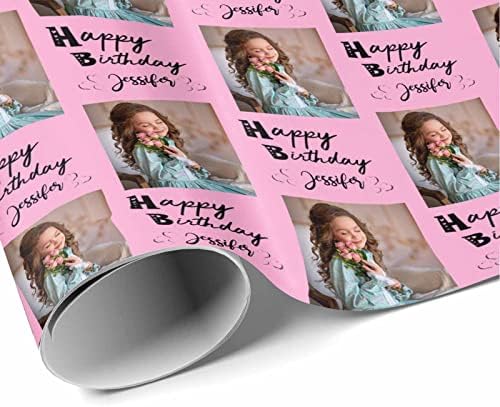 MyPupSocks Personalized Photo Wrapping Paper, Happy Birthday with Name Photo Pink Custom Gift Wrapping Paper with Picture for Teens Women Men Mom Dad Birthday Wedding Anniversary 58x23 5 Rolls - Image 3