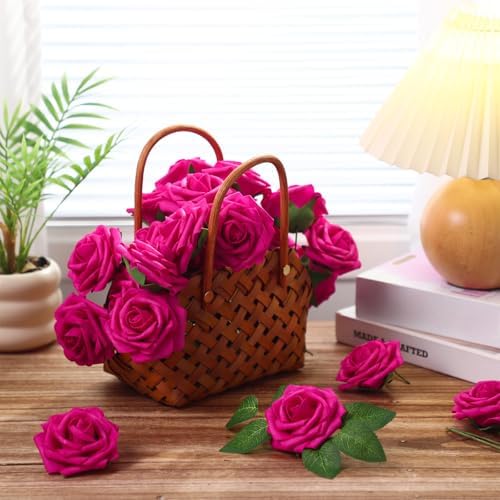 100 Pcs Artificial Rose Flowers, Hot Pink - Image 3