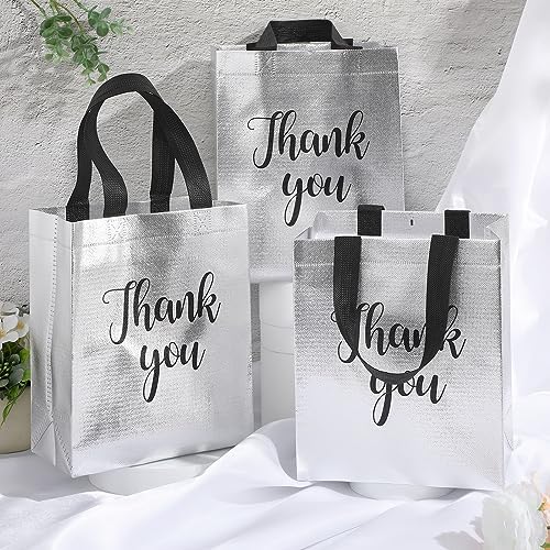 Fumete 50 Pcs Silver Glossy Thank You Gift Bag with Handles - Image 4