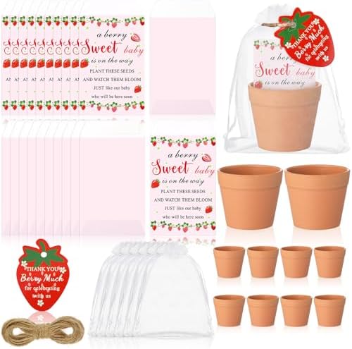 Ctosree 50 Sets Strawberry Baby Shower Favors for Guests a Berry Sweet Baby Is on the Way Seed Packets Include Self-adhesive Seed Packets Flowerpot Thank You Tags Organza Bags for Gender Reveal Party by Ctosree