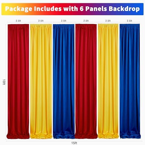 Party Backdrop Curtain 15ftx10ft - Red Yellow Blue Satin Drapes - Image 3