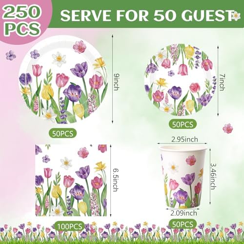 Funnymoom 250 Pcs Tulip Floral Paper Plates and Napkins Cups for Tea Party - Image 3