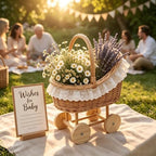 Vintage Wicker Baby Carriage Centerpiece with White Lace Trim (L Wicker Carriage a) - Image 7