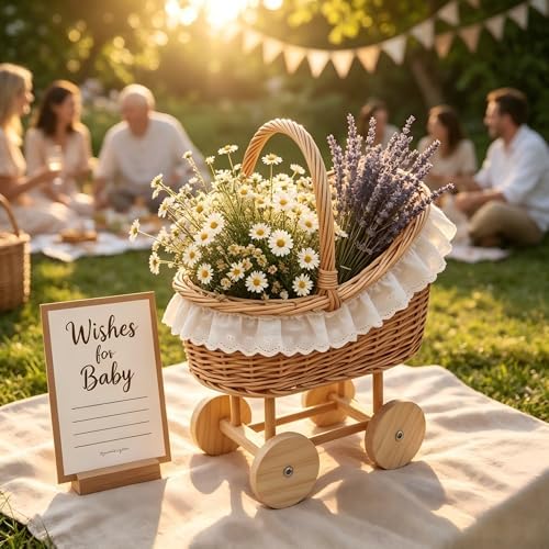 Vintage Wicker Baby Carriage Centerpiece with White Lace Trim (L Wicker Carriage a) - Image 7