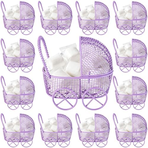 Threehoney 12 Pcs Baby Shower Mini Carriage Decoration Purple Butterfly Color Metal Wired Fillable Candy Stroller Baby Shower Table Centerpiece for Guest Gender Reveal Wedding Party Favor Gift by Threehoney
