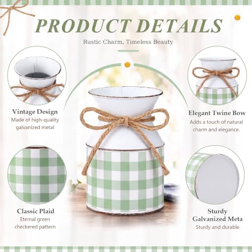 Domensi 6 Pcs Farmhouse Metal Flower Vase, Green Gingham Table Centerpiece - Image 3