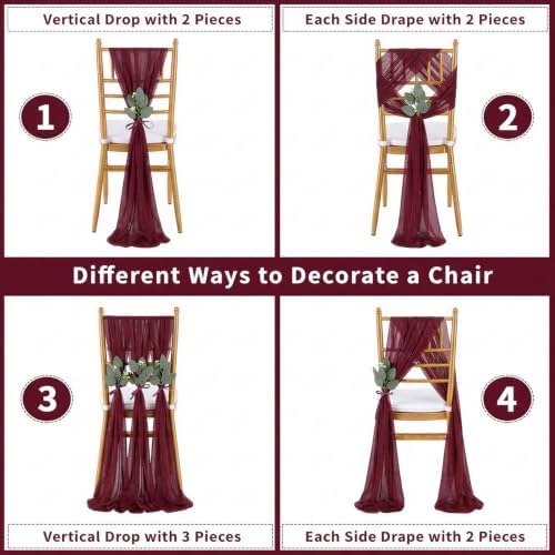 QueenDream Burgundy Chair Sashes Wedding: 16 Pieces Long Sheer Wedding Aisle Chair Decorations Tulle Chairs Covers with Artificial Eucalyptus - Image 4