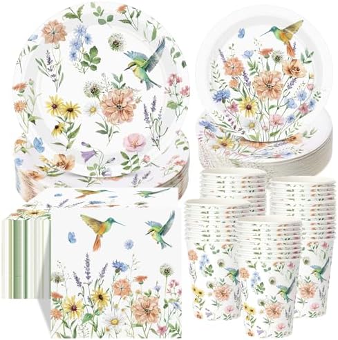 Pickmesh 250 Pcs Spring Wildflower Decoration Floral Hummingbird Themed Disposable Paper Plates Napkins and Cups Dinner Tableware for Birthday Party Dinnerware Birthday Baby Shower Tea Party Supplies by Pickmesh