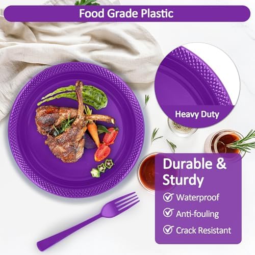 200pcs Purple Plastic Plates Party Supplies, Disposable Purple Party Plates, 50 of Each 9" Dinner Plate, Napkins, Cups & Cutlery Dinnerware Party Decorations for Birthday, Wedding, Halloween - Image 3