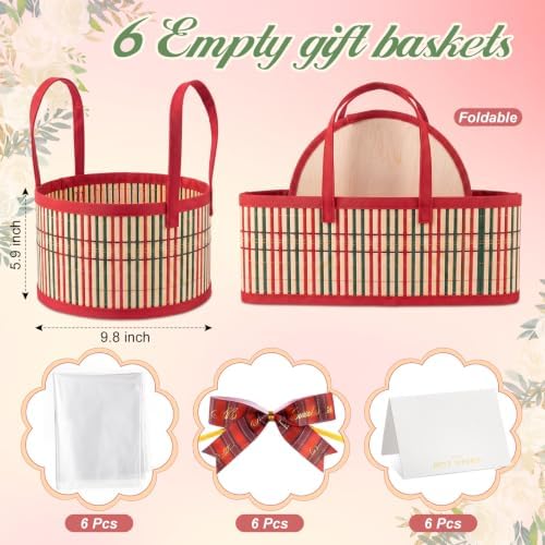 Weysat 6 Set Baskets for Gifts Empty Bulk, Large Woven Bamboo Gift Basket Kit with Handles, Bow, Wrap Bag to Fill for Raffle Thanksgiving Day Wedding Birthdays Party Wrapping (Red and Green) - Image 2