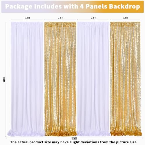 Wedding Backdrop Curtain 10ftx10ft - Gold Sequin and White Satin Drapes - Image 4