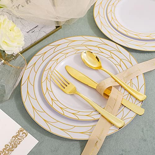 COLOSUS 175PCS Gold Dinnerware Sets, 25 Guests Leaf Stripe Plastic Plates. - Image 2
