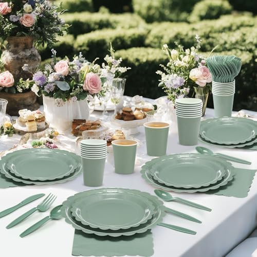 Ziliny 250 Pcs Sage Green Plates and Napkins, 50 Guest Spring Easter Party Supplies Include 9" 7" Scalloped Paper Plates Napkins Cups Disposable Tableware Set for Birthday Party Baby Shower - Image 4