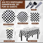 Funnymoom 452 Pcs Checkered Flag Party Supplies for 50 Guests, Black and White Checkered Paper Plates Napkins Cups Tablecloth Cutlery Straws for Race Car Birthday Party Decorations - Image 3