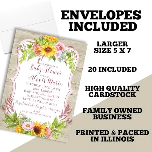 Amanda Creation Dahlia Sunflower Personalized Baby Shower Invitations, Sunflower Baby Shower Invitations, 20 Personalized 5x7 Double-Sided Cards with White Envelopes, Made in USA - Image 6