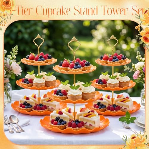 FoldTier 6 Pack Cupcake Stand Set 3 Pcs 3 Tier Gradient Dessert Table Display Stands Cookie Tray Rack 3 X14 in Rectangle Party Trays for Wedding Birthday Tea Party Baby Shower(Orange,Round) - Image 6