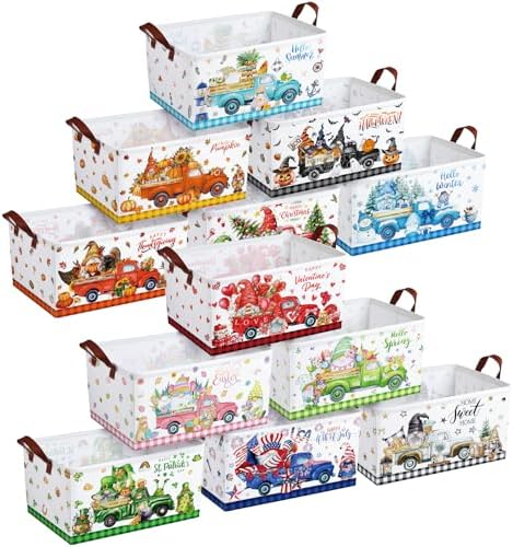 CHENGU 12 Pack Large Holiday Gifts Baskets Empty Collapsible Seasonal Storage Bin St Patricks Day Easter Canvas Laundry Basket Foldable Box with Handle for Home Office Bedroom Clothes Toys by CHENGU