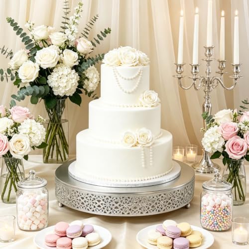 16 Inch Large Cake Silver tand,Hollow Floral Pattern Round Metal Dessert Stand, Elevated Display Tray for Wedding Receptions, Baby Showers, Birthday Parties, Home Tea Decor - Image 3