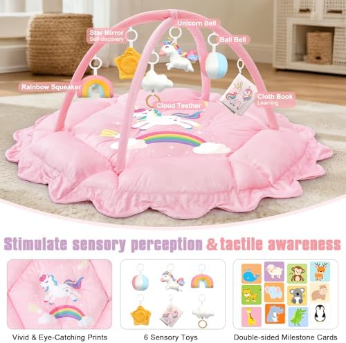 5-in-1 Baby Gym Play Mat with Cartoon Pattern, Extra Thick Plush Tummy Time Activity Gym with Hanging Toys, Sensory Development & Motor Skills Training Floor Mat, Unicorn - Image 3