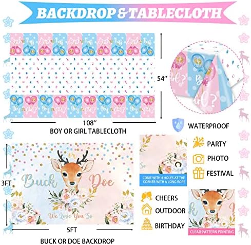Hombae Buck or Doe Gender Reveal Decorations, 169 PCs Boy or Girl Gender Reveal Decorations Backdrop Balloon Garland Banner Tablecloth Cake Cupcake Topper Box Cutout Poster Sash Blue Pink - Image 4