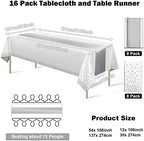 MASHAN 16Pack Disposable Plastic Tablecloths and Satin Table Runner Set White and Silver Dot Tablecloth Silver Satin Table Runner for Wedding Birthday Baby Shower Christmas New Year Party Decorations - Image 2