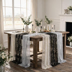 Artoid Mode 6PC Beige Black White Gauze Table Runner 120 Inch 10FT, Glitter Metallic Foil Sheer for Wedding Anniversary Holiday Birthday Home Party Decor - Image 2