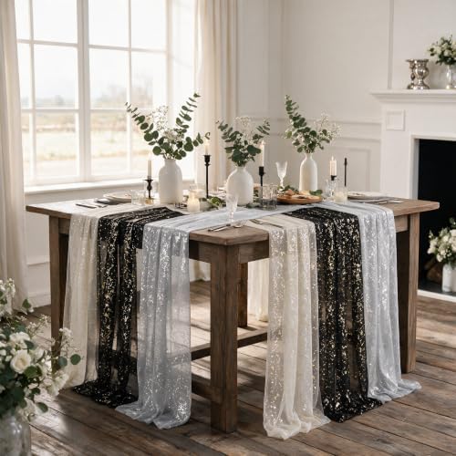 Artoid Mode 6PC Beige Black White Gauze Table Runner 120 Inch 10FT, Glitter Metallic Foil Sheer for Wedding Anniversary Holiday Birthday Home Party Decor - Image 2