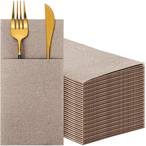 Cindeer 150 Pcs Wood Color Linen Dinner Napkins with Built in Flatware by Cindeer