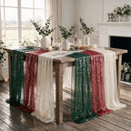 Artoid Mode 6PC Beige Red Green Gauze Table Runner 120 Inch 10FT, Glitter Metallic Foil Sheer for Wedding Anniversary Holiday Birthday Home Party Decor - Image 2