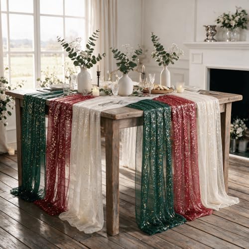 Artoid Mode 6PC Beige Red Green Gauze Table Runner 120 Inch 10FT, Glitter Metallic Foil Sheer for Wedding Anniversary Holiday Birthday Home Party Decor - Image 2