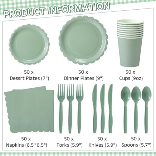 Ziliny 350 Pcs Sage Green Plates and Napkins, 50 Guest Graduation Party Supplies Include Scalloped Paper Plates Napkins Cups Plastic Spoons Forks Knives Disposable Tableware Set for Baby Shower - Image 2