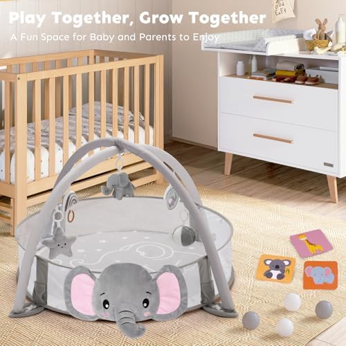 7-in-1 XL Large Baby Play Gym Mat, Tummy Time Mat, Baby Gym & Ball Pit, Baby Activity Mat with Milestone Cards & 6 Detachable Toys for Sensory Motor Skill, Elephant - Image 6