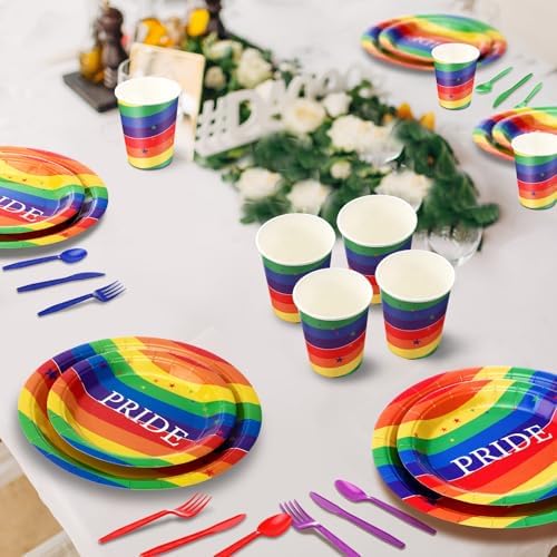 FillTouch 350 Pcs Rainbow Gay Pride Month Lgbtq Party Supplies Set Rainbow Disposable Paper Plates Love Napkins Cups Knives Forks Spoons for 50 Guests Gay Pride Party Parade Club Festival Events - Image 6